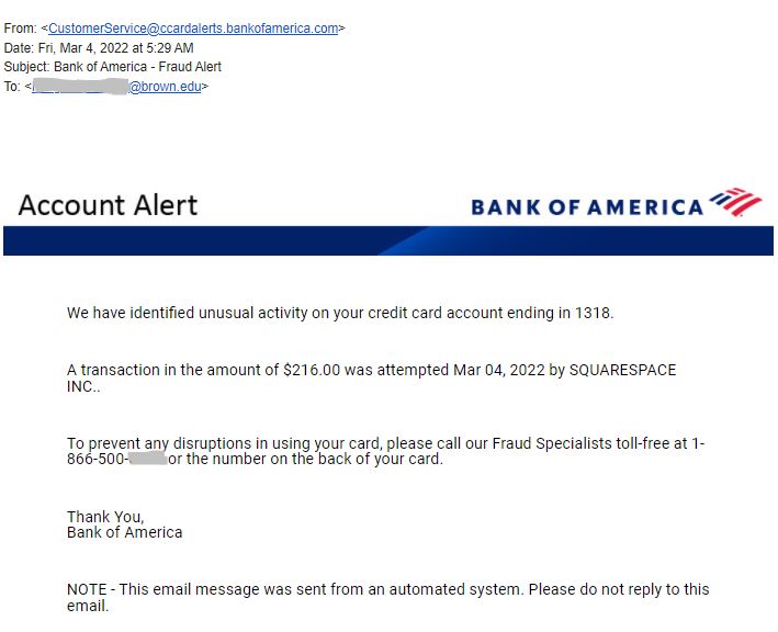 Bank of America Fraud Alert OIT Brown University