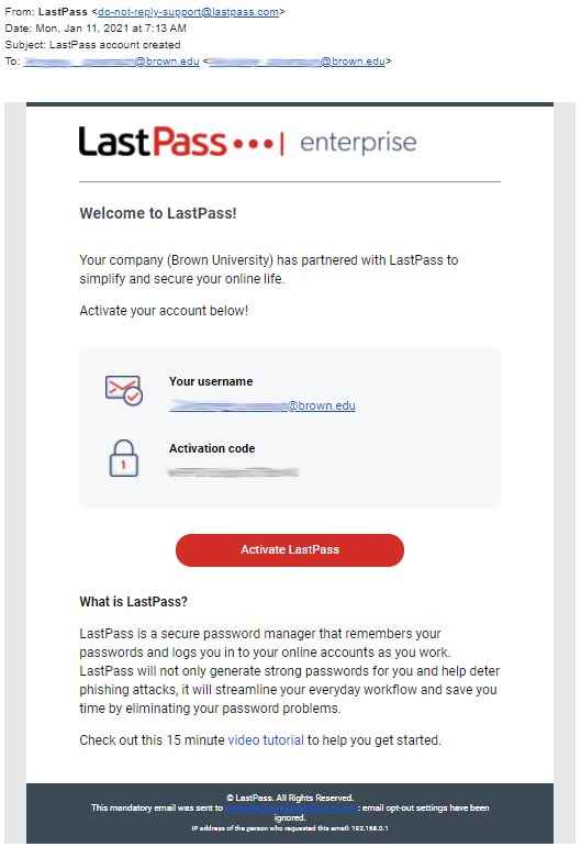 LastPass Account Created (Legitimate Email), OIT