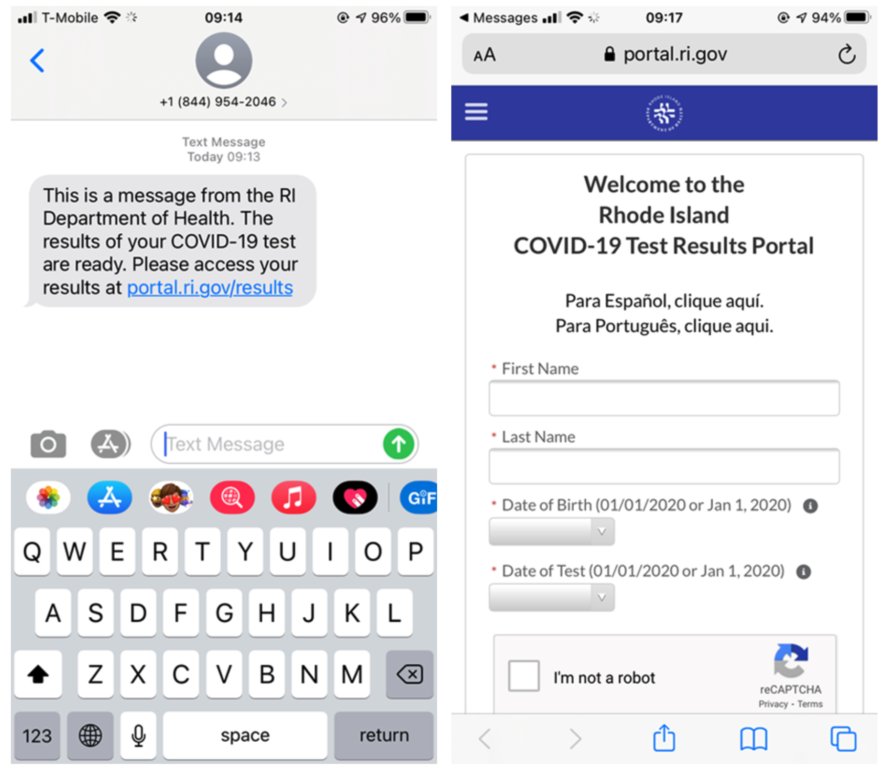 RIDOH text messages: results of your COVID-19 test are ready., OIT