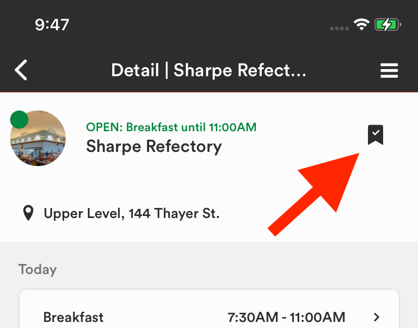 Bookmarking a dining location in the BrownU app